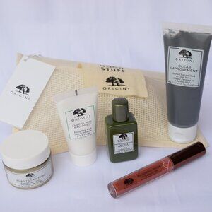 Origins Beauty Set-Beige Mesh Pouch,Cleanser,Lifting,Lotion,Gloss,Mask-6pc-NEW